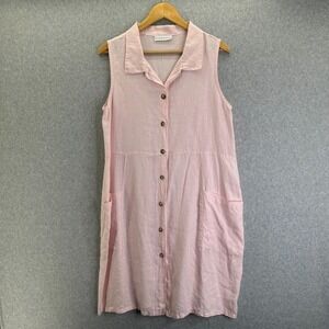 Bryn Walker Large Linen Tank Dress Pockets Pale Pink Lagenlook Button Front Prep